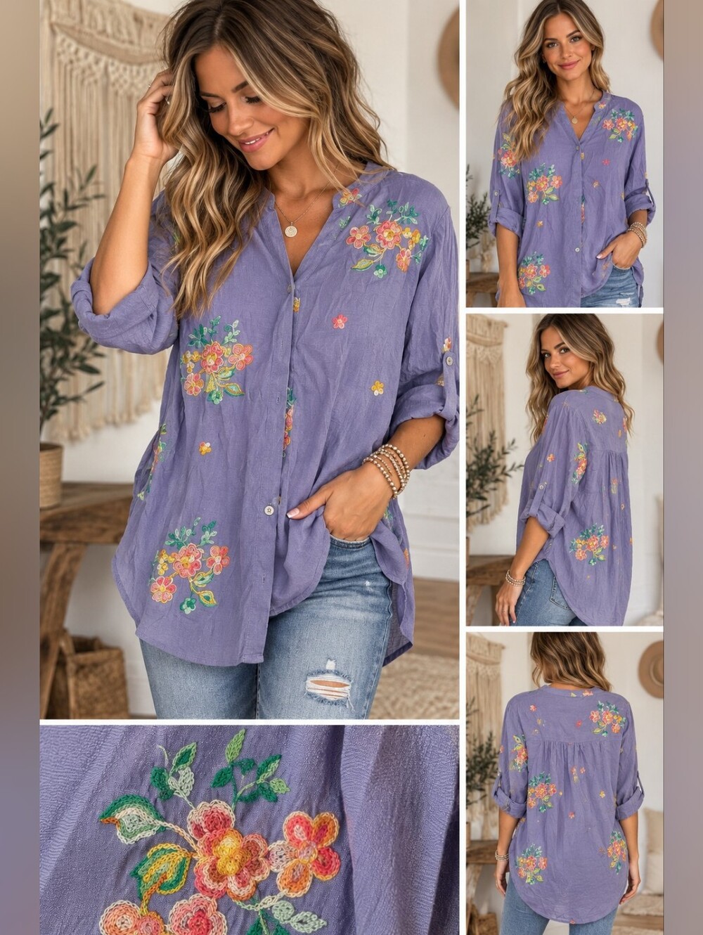 Boho Embroidered Cottagecore Floral Button Down Tunic Shirt Medium.
